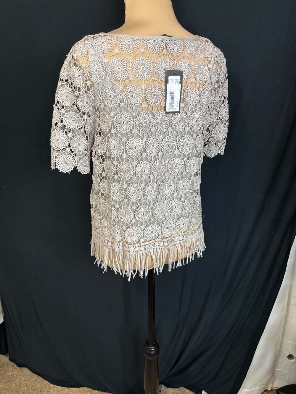 Origami by Viven Cream Crochet Lace Fringe Short Sleeve Top